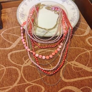 VTG Park Lane Faux Coral Gold Tone Waterfall Necklace Pearl Shell Multi Strand